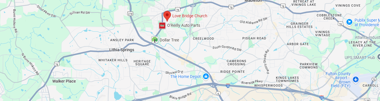 Map to Love Bridge Church on Love STreet in Austell, GA